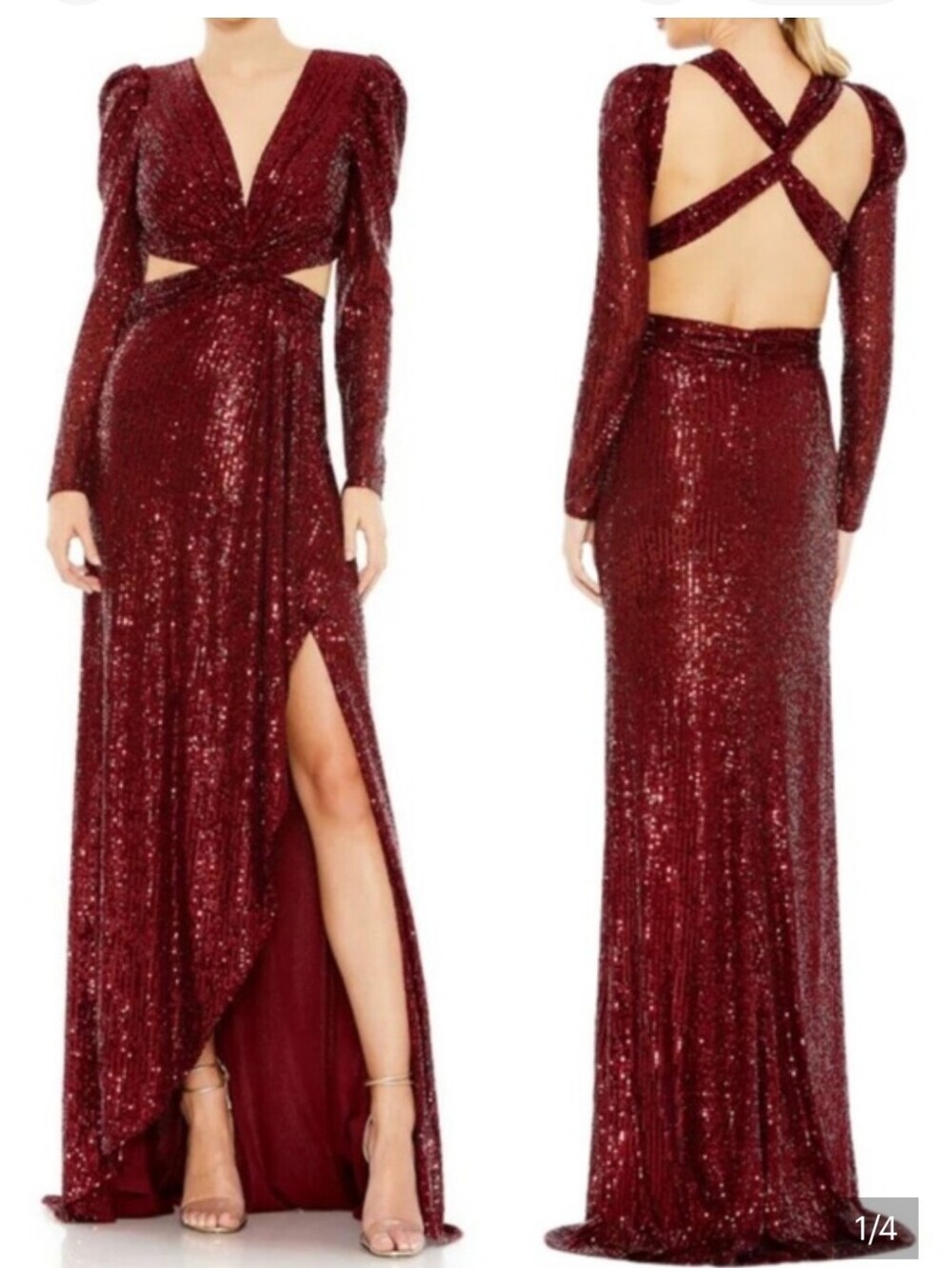 Mac Duggal Wine Red Sequined Cutout Evening Gown